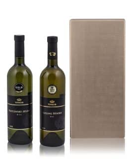 Elegantné balenie 2 vín s názvom To pravé slovenské previazané mašľou, s venovaním ako bonus - vinárstvo Vinkor Malé Karpaty