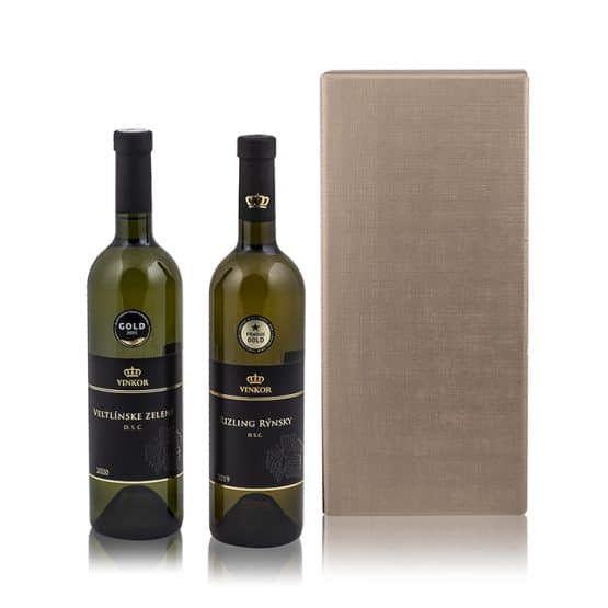Elegantné balenie 2 vín s názvom To pravé slovenské previazané mašľou, s venovaním ako bonus - vinárstvo Vinkor Malé Karpaty
