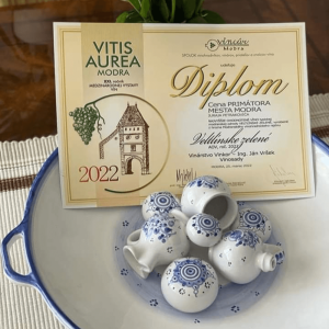 Cena primátora mesta Modra zo súťaže Vitis Aurea Modra 2022 pre biele suché víno Veltlínske zelené 2021 z vinárstva Vinkor