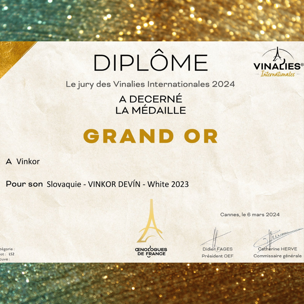 Diplom- Veľká zlatá medaila pre biele víno Devín 2023 z rodinného vinárstva Vinkor z Vinalies Internationales 2024
